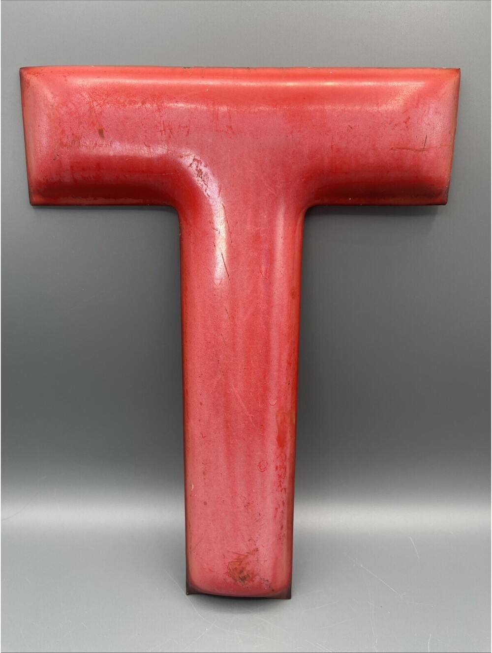 Vintage Porcelain Enamel Metal Sign Letter T Red 12” Gas Station Oil Advertising